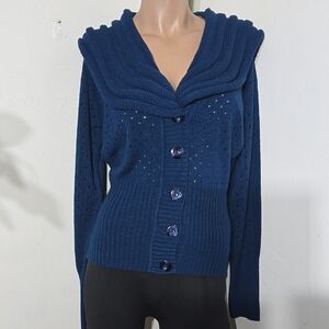 Women's Blue V Neck Long Sleeve Knit Button Down Sweater Size Medium NWT
